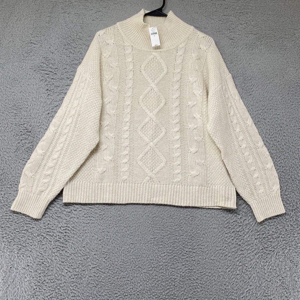 Gap Fisherman Sweater Womens M Cream Cable Knit Mock Neck Wool Aplaca Relaxed